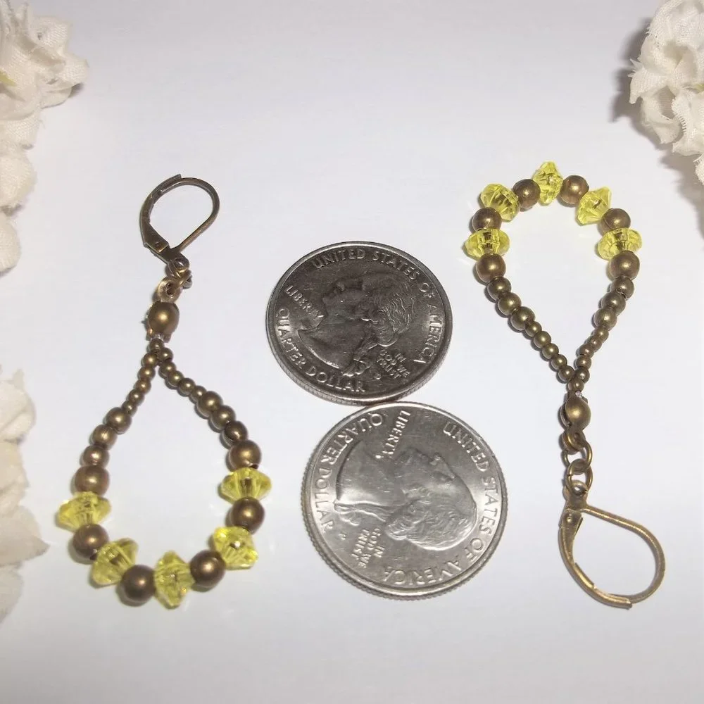 Boho Hoop Earrings Brown Bronze and Yellow Beaded Dangle Teardrop Accessory 7036 - Picture 3 of 8
